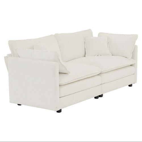 Modern Fabric Loveseat Sofa Couch For Living Room, Upholstered Large Size Deep Seat 2-Seat Sofa With 4 Pillows ,White Chenille